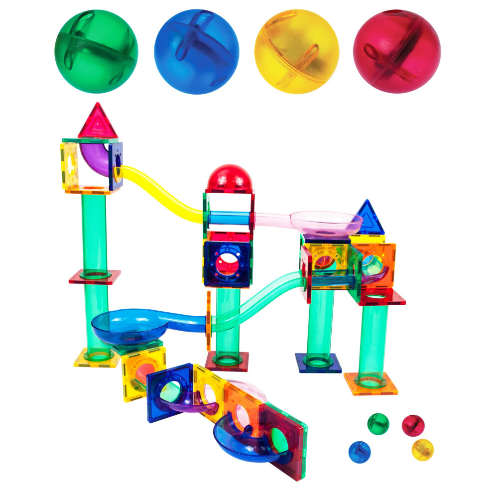 PicassoTiles 70 PCs Marble Run Maze Race Track Magnetic Tiles Magnet Building Block Educational Construction Toy Playset STEM Learning Kit Child