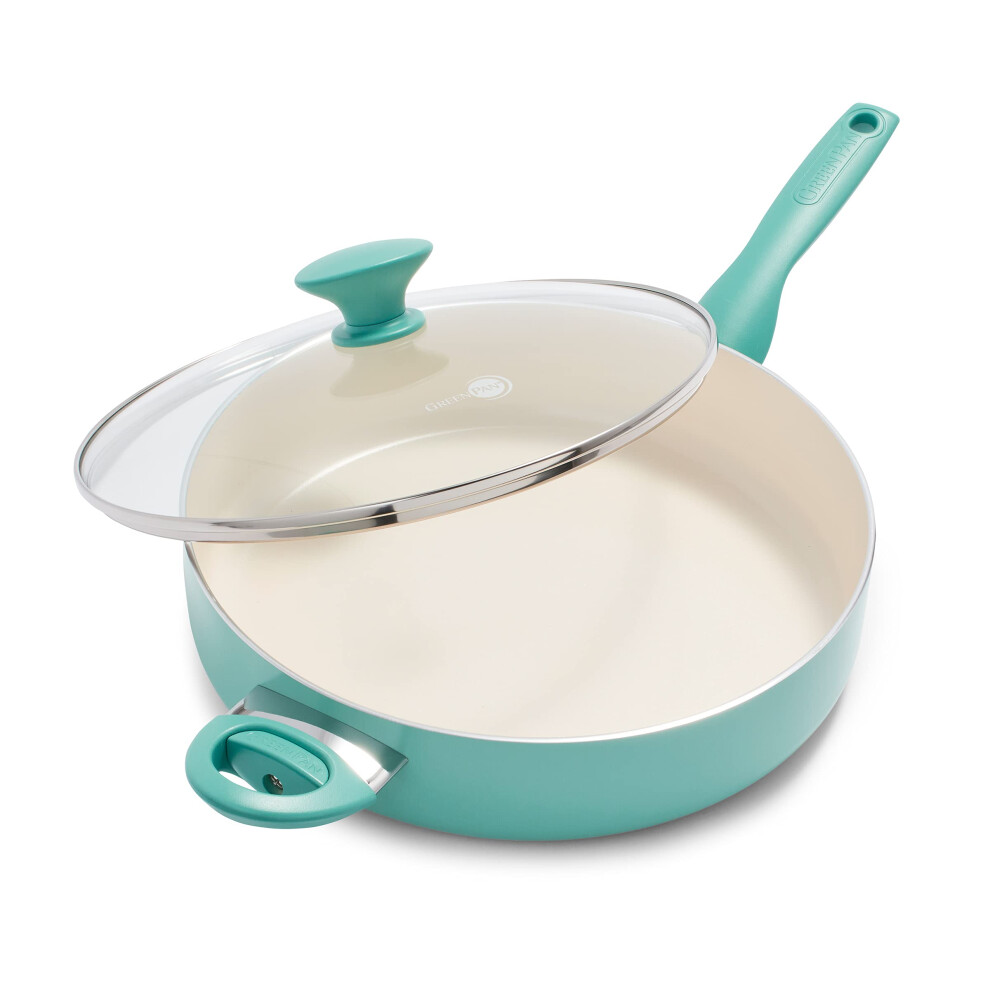 GreenPan Rio Healthy Ceramic Nonstick 5QT Saute Pan Jumbo Cooker with Helper Handle and Lid  PFAS-Free  Dishwasher Safe  Turquoise