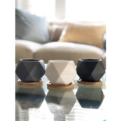 Chez JuJu 3 pcs Vasos Cerâmicos Geométricos Modernos 3" com Drenagem | Bandeja de Bambu 1