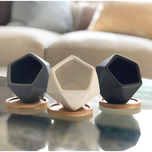 Chez JuJu 3 pcs Vasos Cerâmicos Geométricos Modernos 3" com Drenagem | Bandeja de Bambu 2