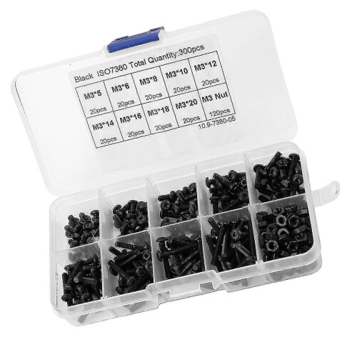 300pcs M3 Black 10.9 Grade Button Head Hex Socket Screw Bolt Nut Assortment Kit 2