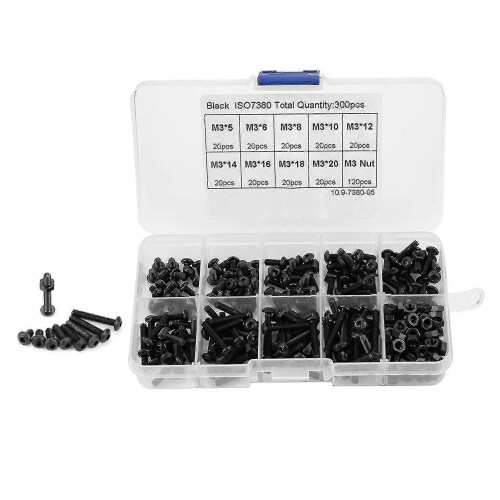 300pcs M3 Black 10.9 Grade Button Head Hex Socket Screw Bolt Nut Assortment Kit 1