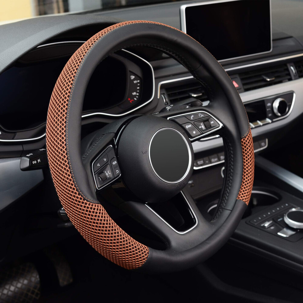 Kafeek Steering Wheel Cover Universal 15 Inch Microfiber Leather Viscose Breathable Anti-Slip Warm In Winter And Cool In Summer & Black/Brown 796816023998