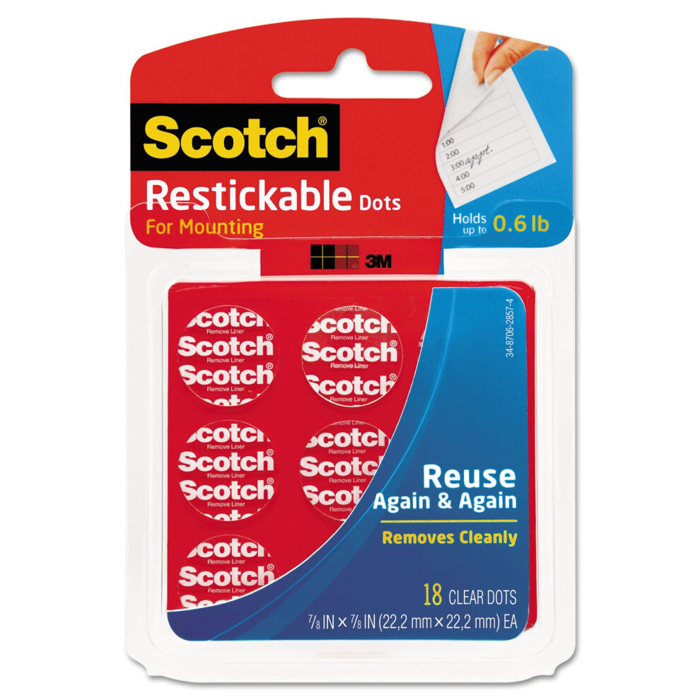 Scotch Restickable Dots  7/8-in  18 Count  Clear Double-Sided Mounting Pre-Cut Dots  Remove Cleanly  Mount Objects on Stainless Steel  Plastic & More