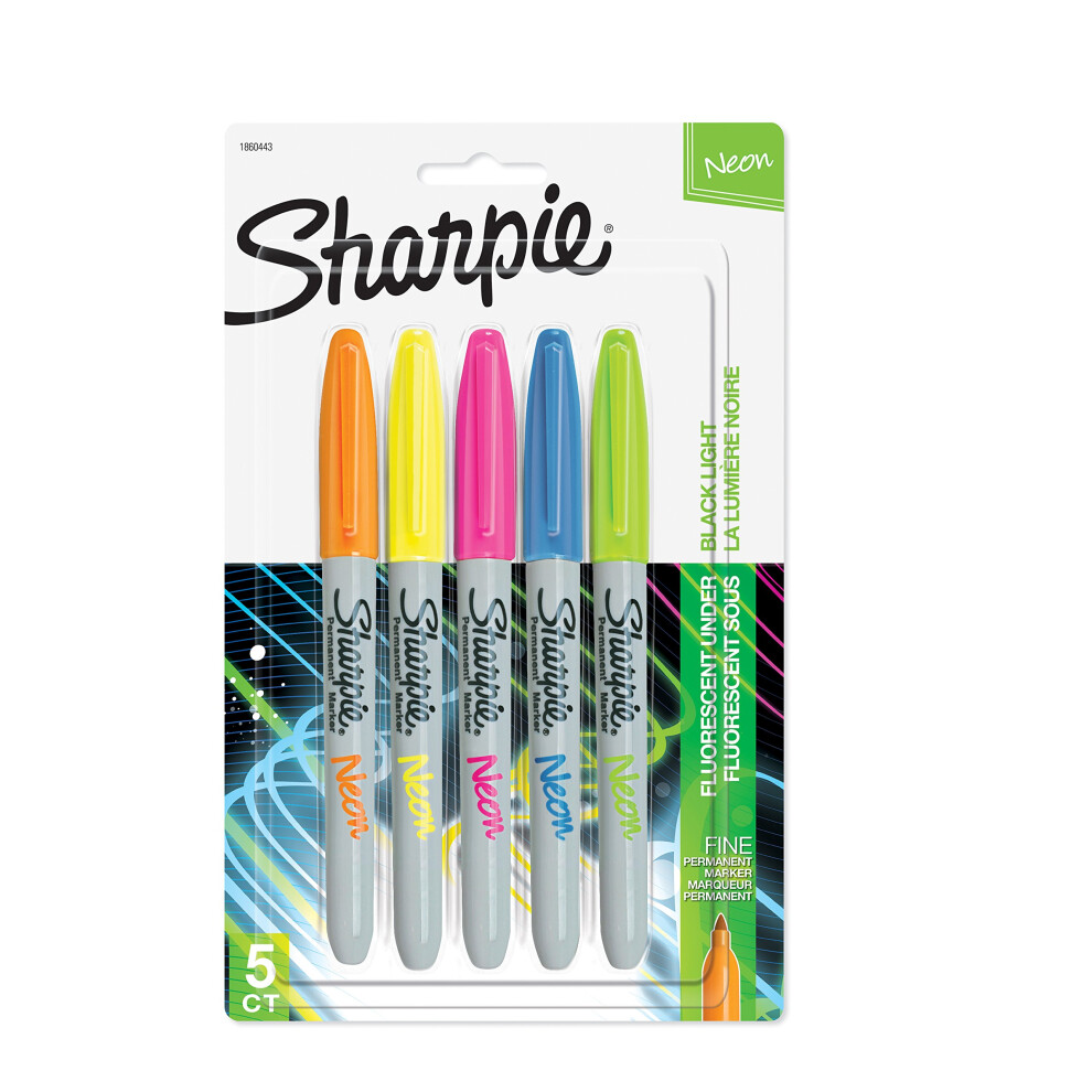 SHARPIE 1874447 Neon Permanent Markers, Fine Point, Assorted Colors, 5 Count