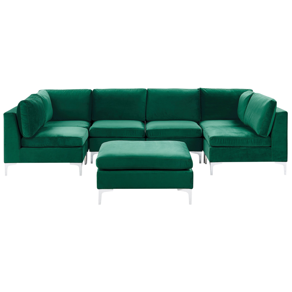 Modular U-Shape Sofa EVJA Velvet Green with Ottoman 6 Seater