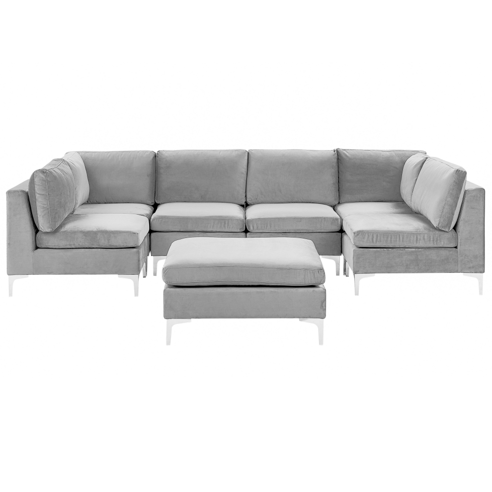 Modular U-Shape Sofa EVJA Velvet Grey with Ottoman 6 Seater