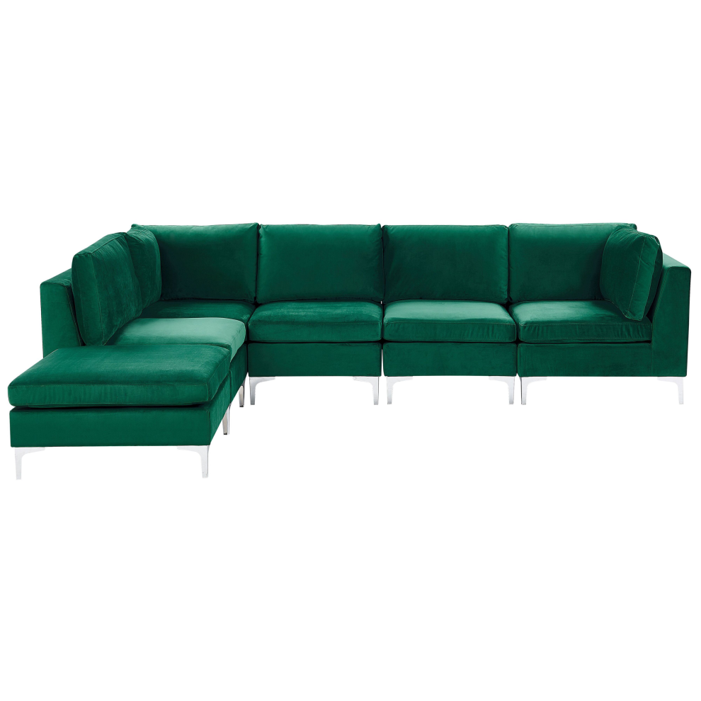 Modular Corner Sofa EVJA Velvet Green with Ottoman 5 Seater Right Hand