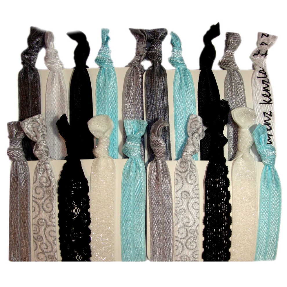 Kenz Laurenz Silver Hair Ties Ponytail Holders - 20 Pack Bridal Lace Glitter No Crease Ouchless Elastic Styling Accessories Pony Tail Elastics Hol