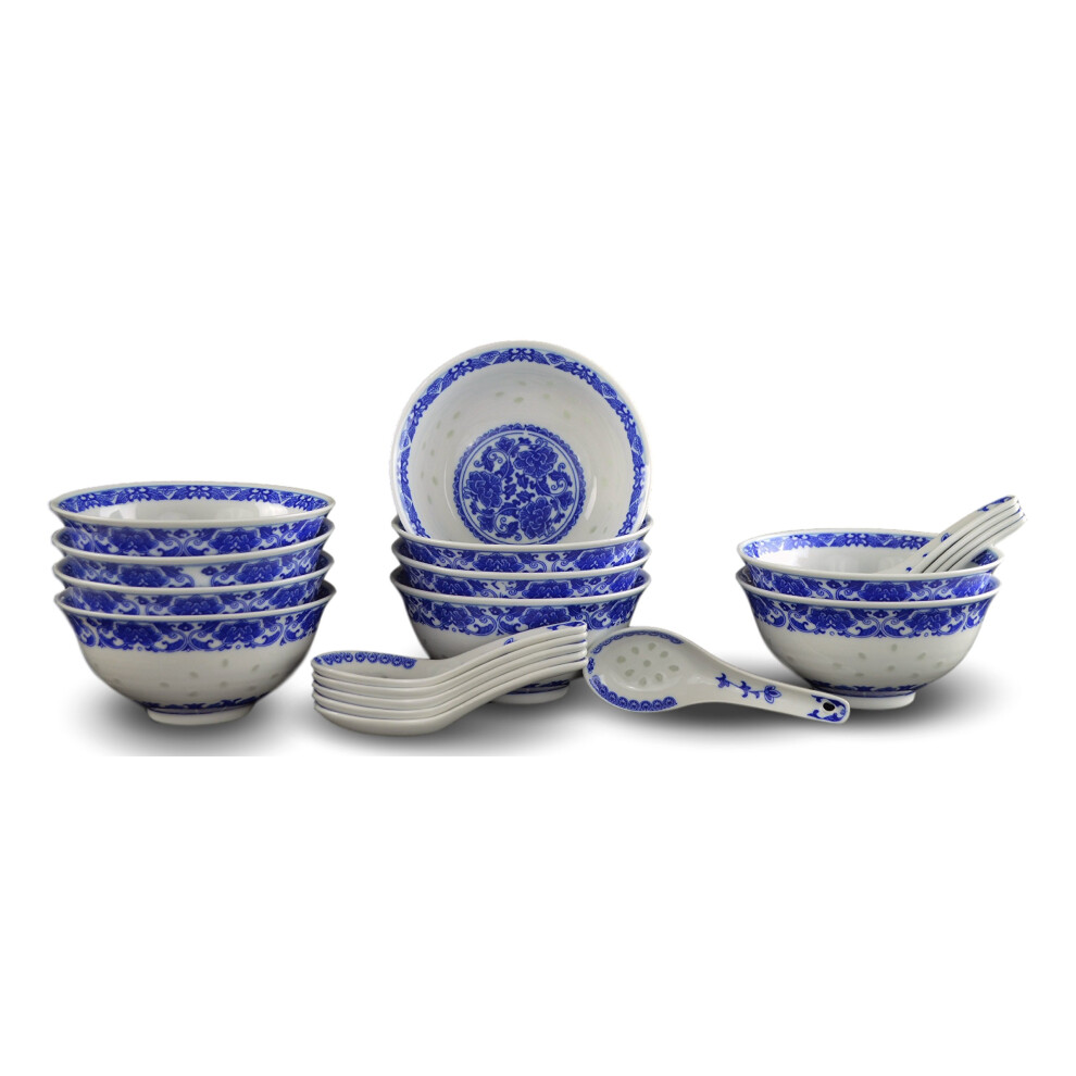 10 Pcs Fine Porcelain Blue and White Rice Pattern Bowls  Cereal Bowls  Rice Bowls with Free 10 Porcelain Spoons Jingdezhen China-image-OPC-PGDDWH2-NEW