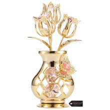 Matashi 24K Gold Plated Studded Flower Ornament in a Vase with Decorative Butterfly (Pink Crystals)