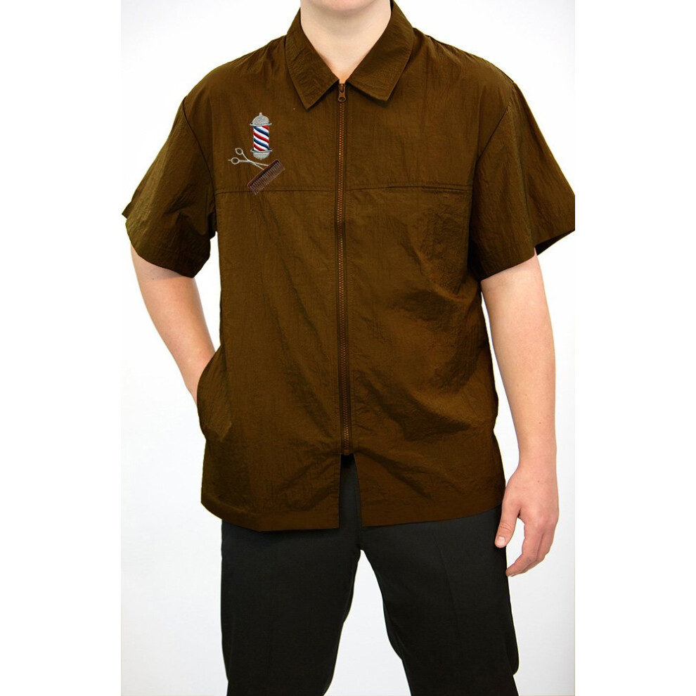 Veste de barbier classique     fermeture    clair CHARLENE avec col et logo Barber Pole (S MARRON)