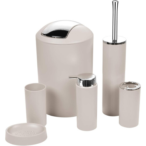 Bathroom Accessories Set 6 Piece - Trash Can, Modern Bathroom Decor Set (Beige)