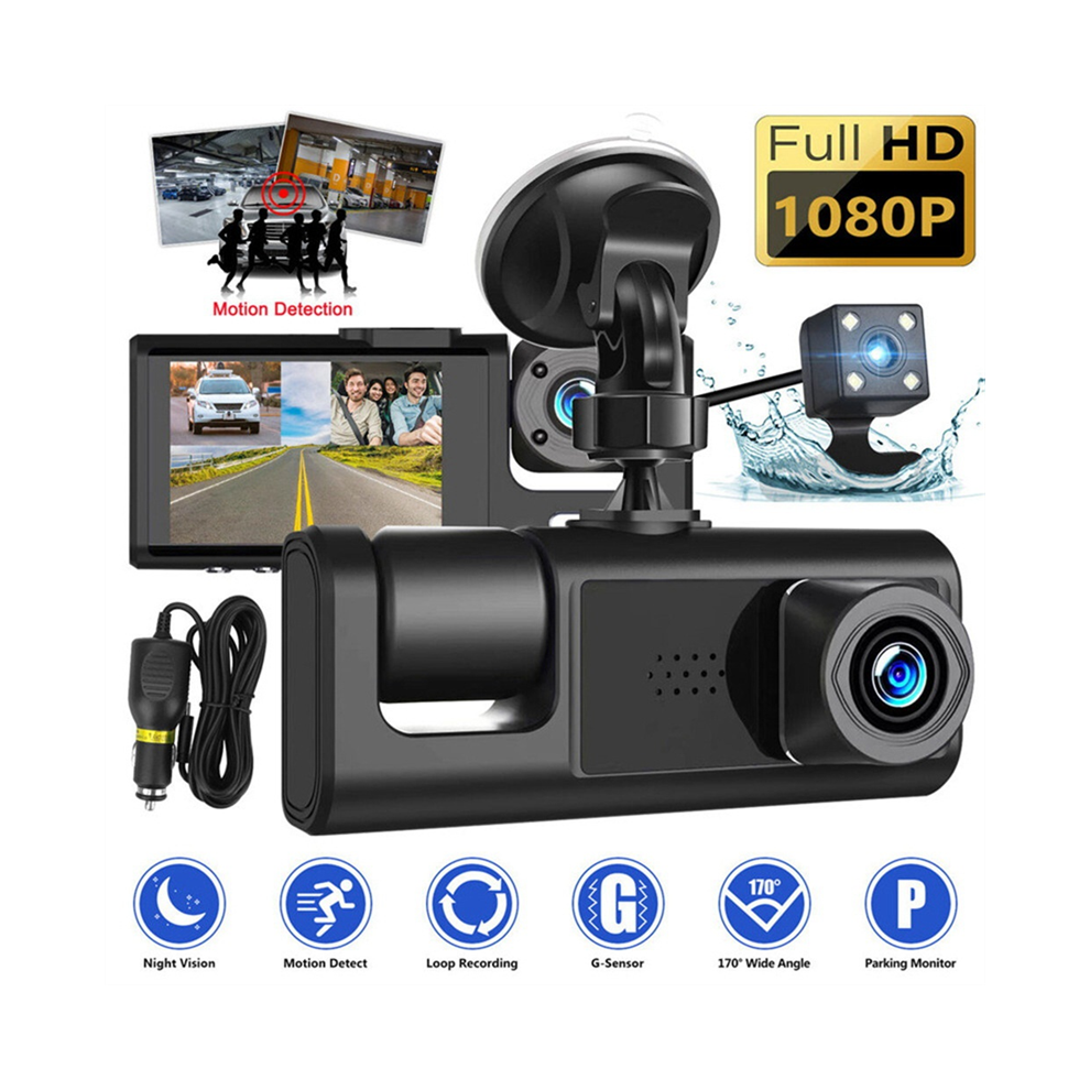 3 Camera Dash Cam 1080P 2 Inch Screen Dashcam Driver Recorder Black 4851244693376