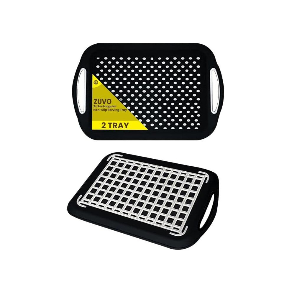 Zuvo 2Pcs Anti-Slip Food Serving Tray with Handles,Drinks Serving Trays with High Grip Rubber, Ideal for All Homes (Black)