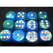 Chessex Dice d6 Sets: Gemini Blue & Green with Gold - 16mm Six Sided Die (12) Block of Dice