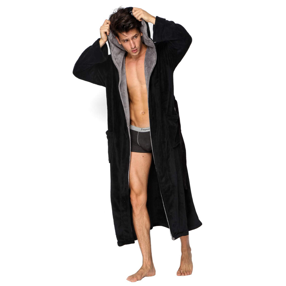 Peignoir de bain KEMUSI     capuche et chevrons pour homme, noir, doux, long, avec col ch   le kimono gris (M)