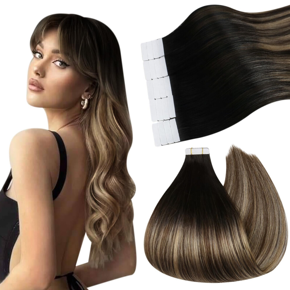 Ugeat Tape In Hair Extensions For Women Balayage Tape Hair Extensions Human Hair Natural Black To Dark Brown Mix Caramel Brown Balayage Skin Weft Hair