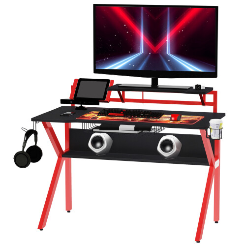 Homcom HOMCOM Gaming Desk Computer Table w/ Cup Holder Headphone Hook, Basket Red 1