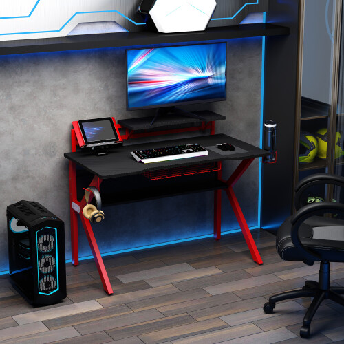 Homcom HOMCOM Gaming Desk Computer Table w/ Cup Holder Headphone Hook, Basket Red 2