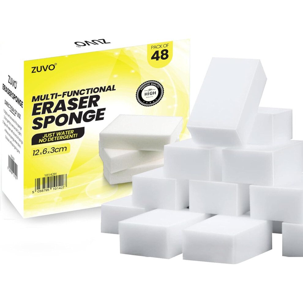 Zuvo Multi-Functional Magic Eraser Sponge (48-Pack)  Heavy-Duty, Eco-Friendly Melamine Sponges for Kitchen, Bathroom, and Wall Cleaning