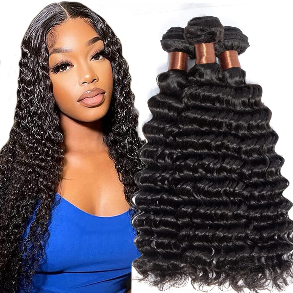 Angie Queen Virgin Human Hair Extensions Weave Weft Unprocessed Brazilian Virgin Hair Deep Wave Nature Color 3 Bundles 12 14 16Inch (100+/-5G)/Bundle Can Be Dyed And Bleached-image