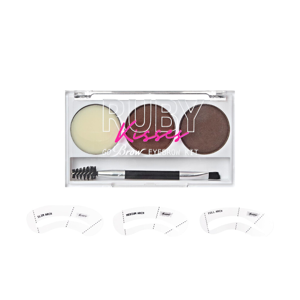 Ruby Kisses Go Brow Eyebrow Kit Dual Shade Powder & Wax Includes 3 Stencils Perfect For Shaping & Defining Natural Brow Look Ideal For Sparse Bro