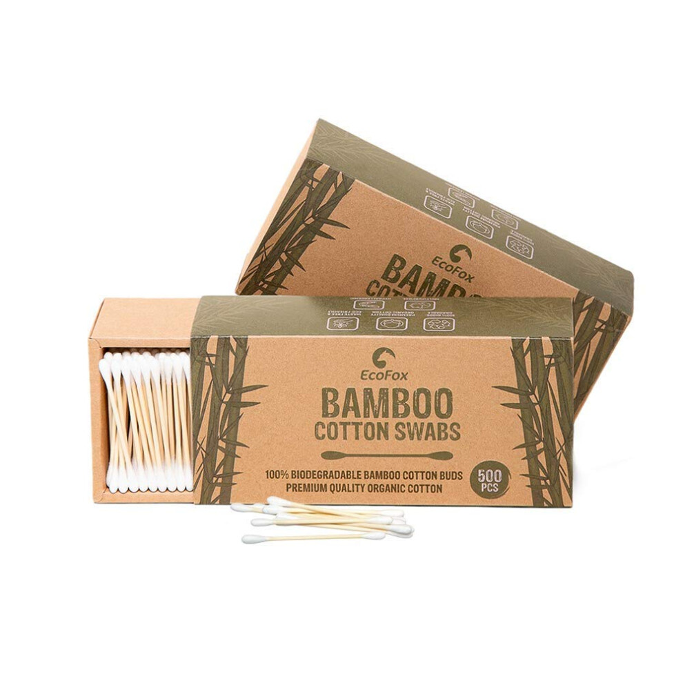 Ecofox Bamboo Cotton Swabs 1000 Count | Biodegradable & Organic Wooden Cotton Buds | Double Tipped Ear Sticks | 100% Eco-Friendly & Natural! | Perfect For Ea