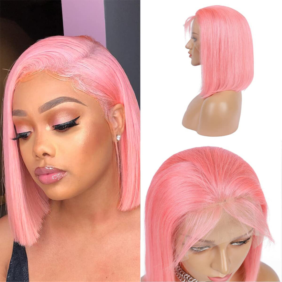 Aprilhair Vorgezupfte Rosa Bob-Per Cke Mit Spitzenfront, Glatt, Ohne Klebstoff, 130 % Dichte, Kurz Geschnitten, Brasilianisches Echthaar Mit Baby-image