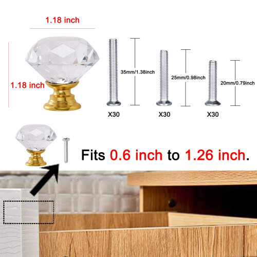 YourGift 30 Pack Drawer Knobs Diamond Shaped Crystal Glass 30mm Cabinet Knobs Pull Handle (30 mm 30 Pack Gold) 2