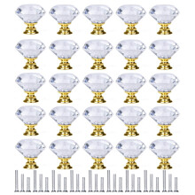 YourGift 30 Pack Drawer Knobs Diamond Shaped Crystal Glass 30mm Cabinet Knobs Pull Handle (30 mm 30 Pack Gold)