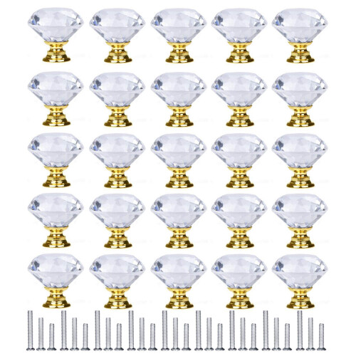 YourGift 30 Pack Drawer Knobs Diamond Shaped Crystal Glass 30mm Cabinet Knobs Pull Handle (30 mm 30 Pack Gold)