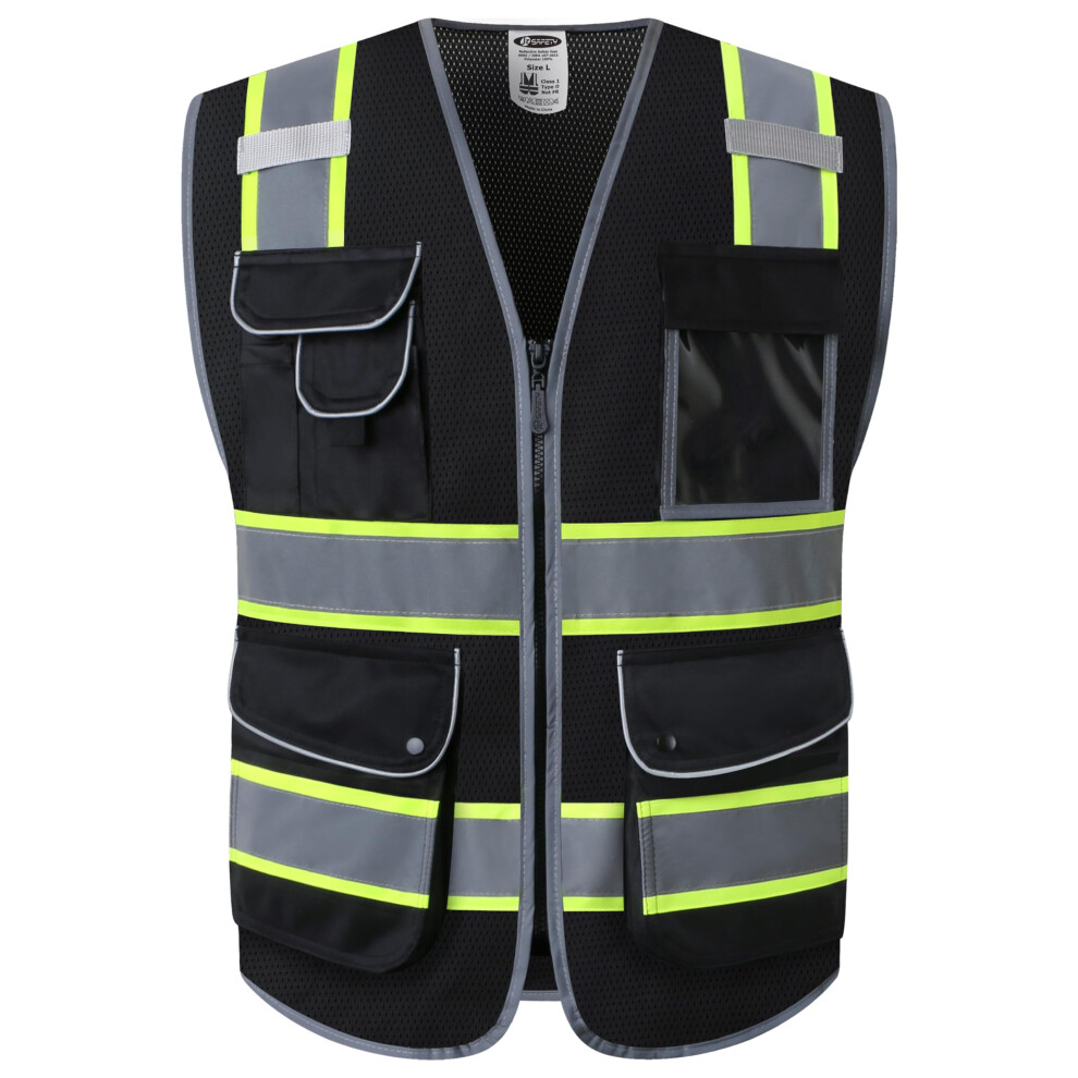 Jksafety 9 Pockets High Visibility Zipper Front Mesh Black Safety Vest | Black With Dual Tone High Reflective Strips | Ansi/Isea Standards (100-Black 645312476398