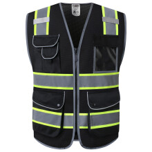 JKSafety 9 fickor High Visibility Dragkedja Fram MESH Svart skerhetsvst | Svart med Dual Tone High Reflexing Strips | ANSI/ISEA-standarder (100