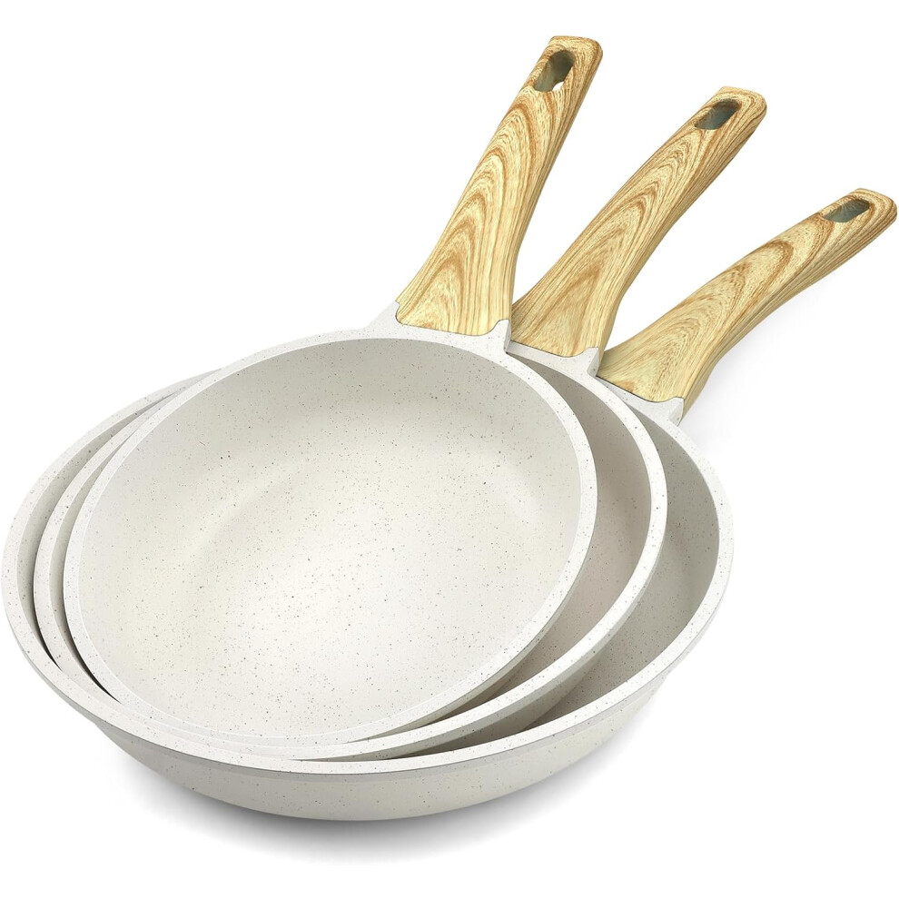 (3Pcs, White) Non Stick Frying Pan Set - 20/24/28cm Granite Nonstick Pan Skillet