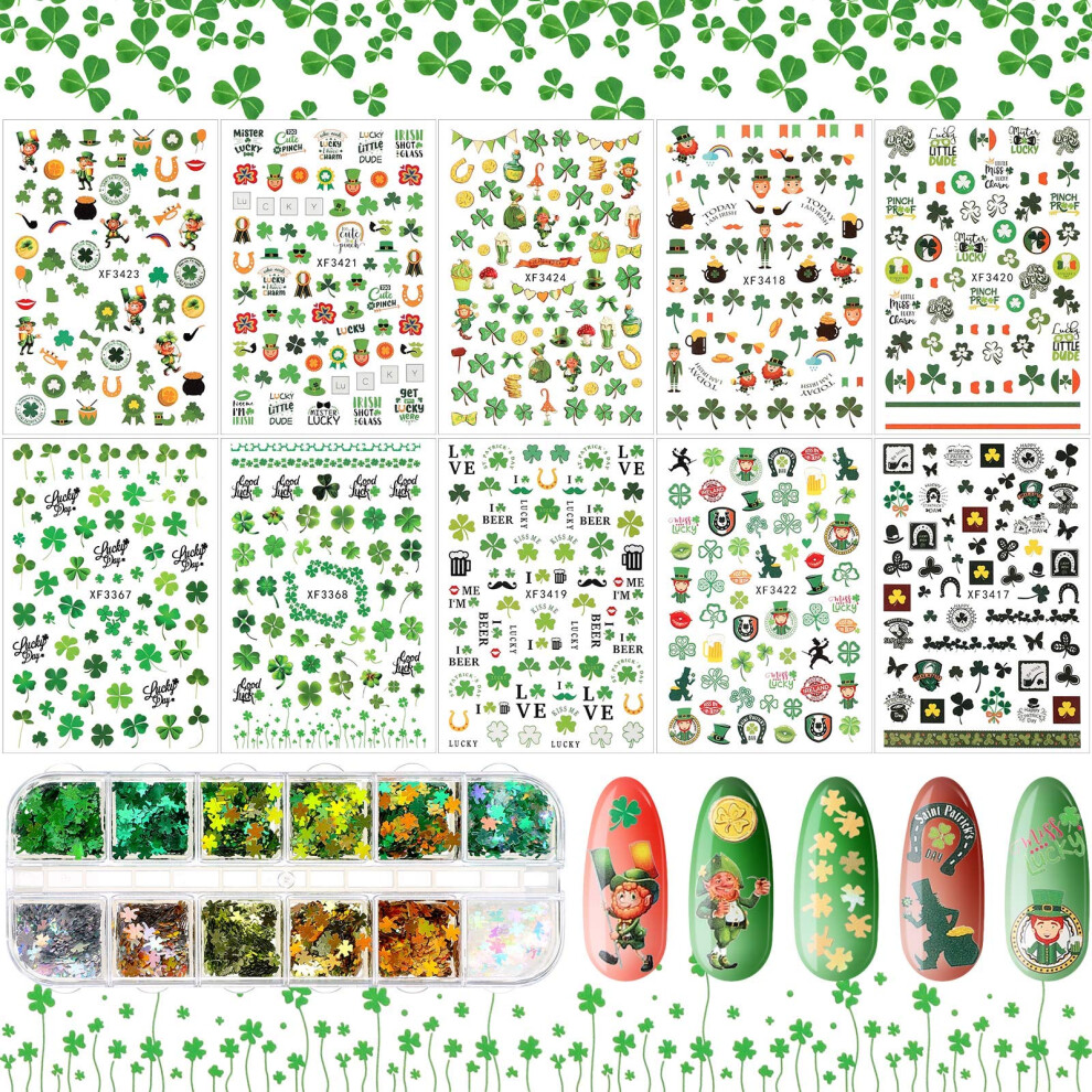Maitys 10 Sheets St. Patrick's Day Nail Art Stickers 3D Self-Adhesive Nail Decals And 12 Grids Shamrock Glitter Sequins Holographic Sequins For St. Patrick's
