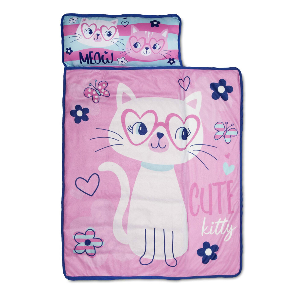 Funhouse Cute Kitty Cat Kids Nap Mat Set - Includes Pillow And Fleece Blanket - Great For Girls Napping During Daycare Or Preschool - Fits T Baby Boom