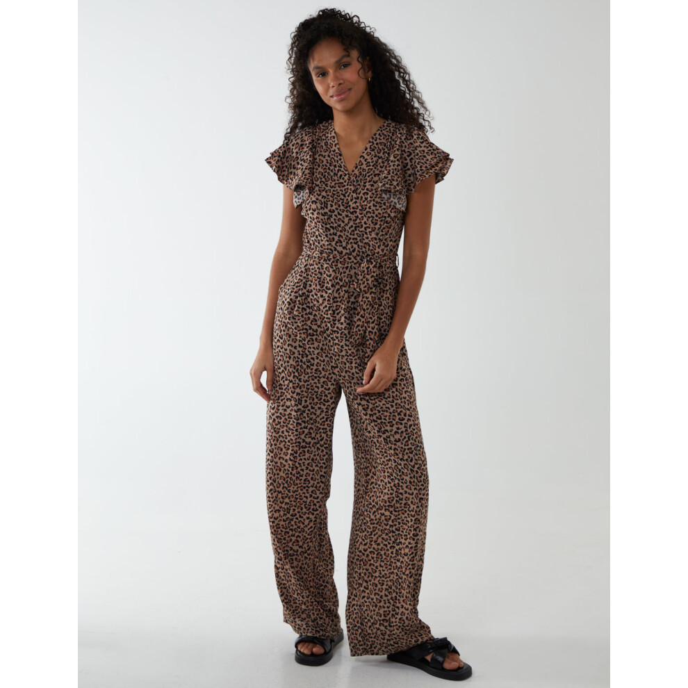 (BROWN, 8) Jumpsuit With Ruffle Sleeve And Wrap Front-image-OPC-PGDJKZC-NEW