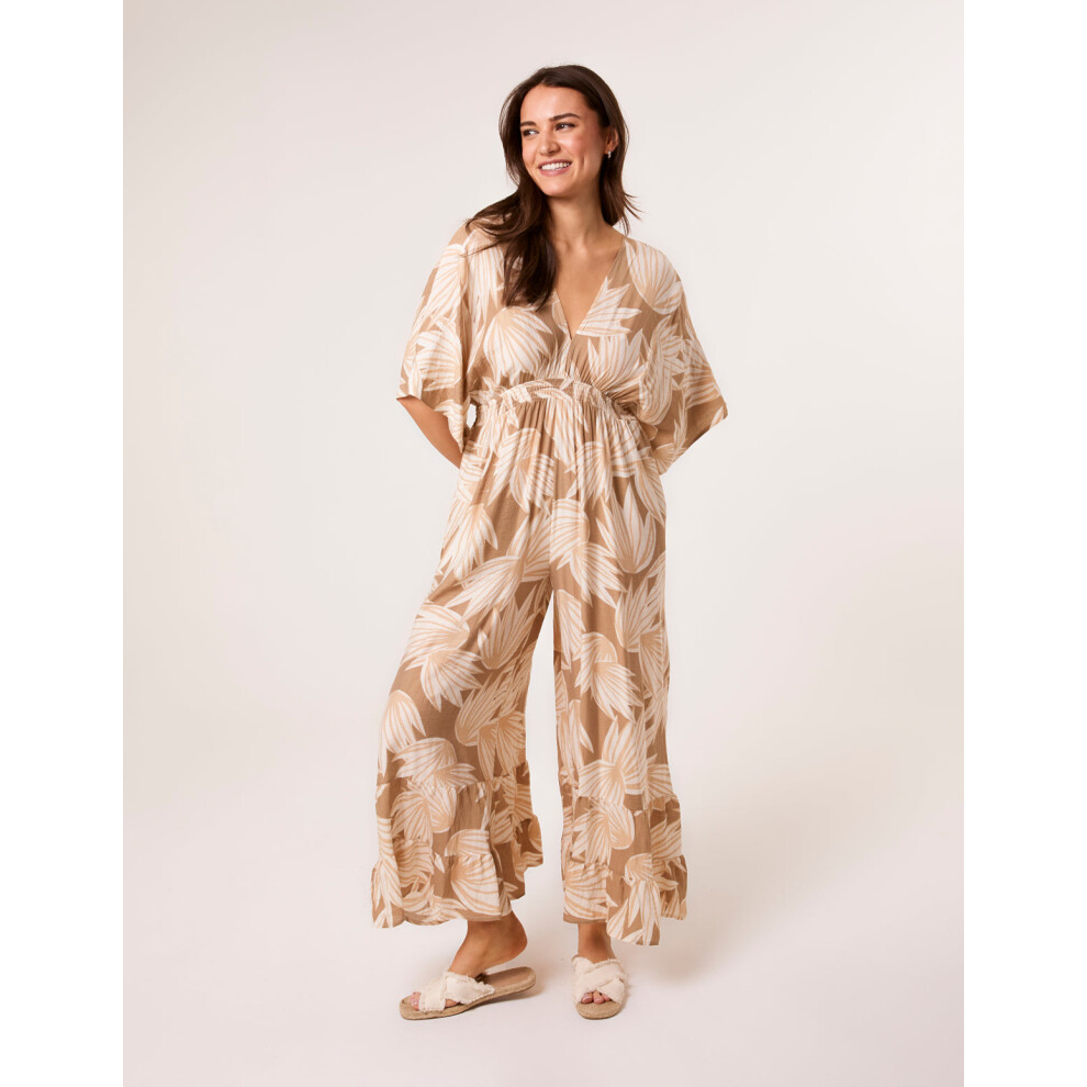 (MOCHA, S-M) Printed Leaf Wide Leg Jumpsuit-image-OPC-PGDJMFG-NEW