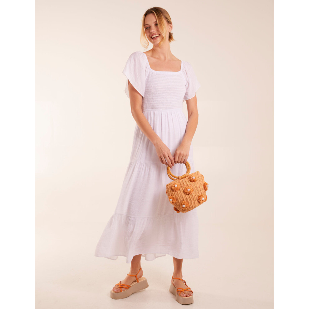 (WHITE, L) Milkmaid Square Neck Flutter Sleeve Dress