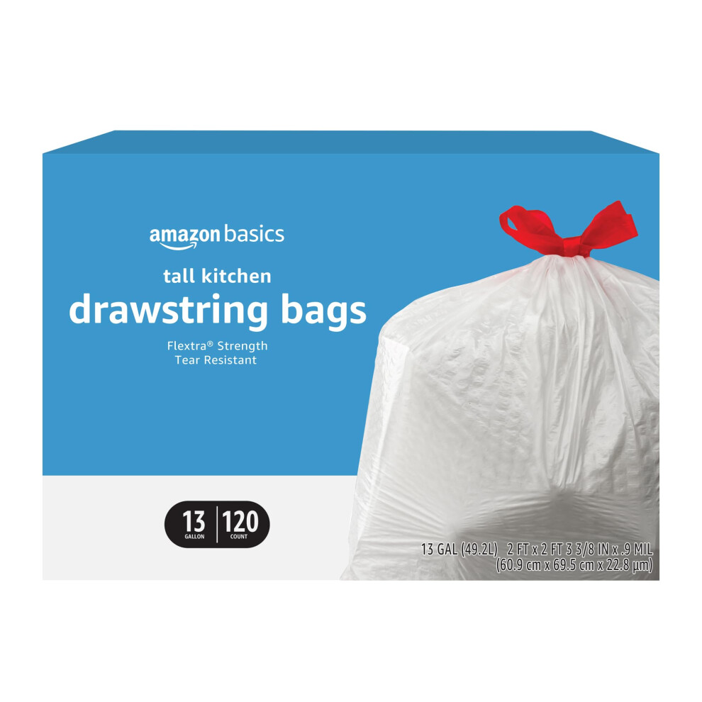 Amazon Basics Flextra Tall Kitchen Drawstring Trash Bags 13 Gallon 120 Count