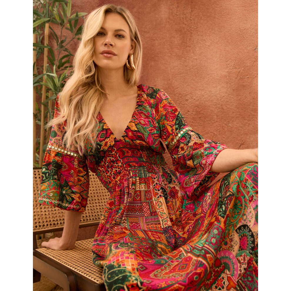 (ORANGE, L) Embellished Sleeve V Neck Maxi Dress