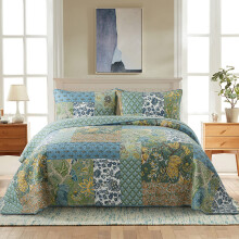 NEWLAKE Cotton Patchwork Bedspread 3-Piece Bedding Quilt Set with Real Stitched Embroidery Reversible Matelasse Bed Coverlet Set Green Farmhouse Ga