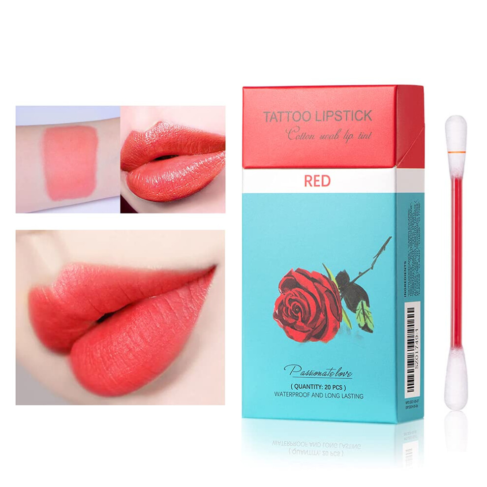 Lakerain Red 20 Pieces/Box Cigarette Lipstick Cotton Swab Lipstick Durable Waterproof Liquid Non-Stick Tattoo Lipstick Portable Lip Tint (01 )
