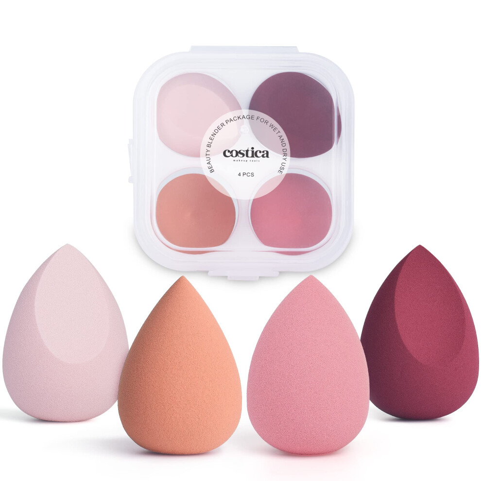 Éponge de maquillage COSTICA, 4 pièces, pour estomper le fond de teint, rose, avec boîte de rangement, idéale pour les crèmes liquides et les pou