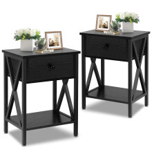 VECELO Night Stands for Bedroom Rustic Nightstand Bedside End Tables with Drawer Storage (Set of 2) Classic Black