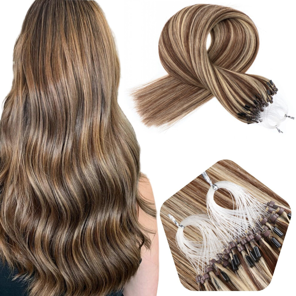 Jinyisong Unisex Micro Loop Hair Extensions Remy Hair 1G/Strand Micro Link Hair Extensions Real Human Hair 50G Micro Ring Human Hair For Women 20 Inch 4/613 Medium Br