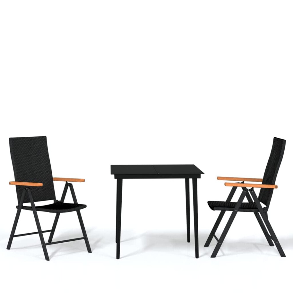 Vidaxl 3-Piece Patio Dining Set In Black - Powder-Coated Steel Frame With Glass Tabletop And Reclining Pe Rattan Chairs