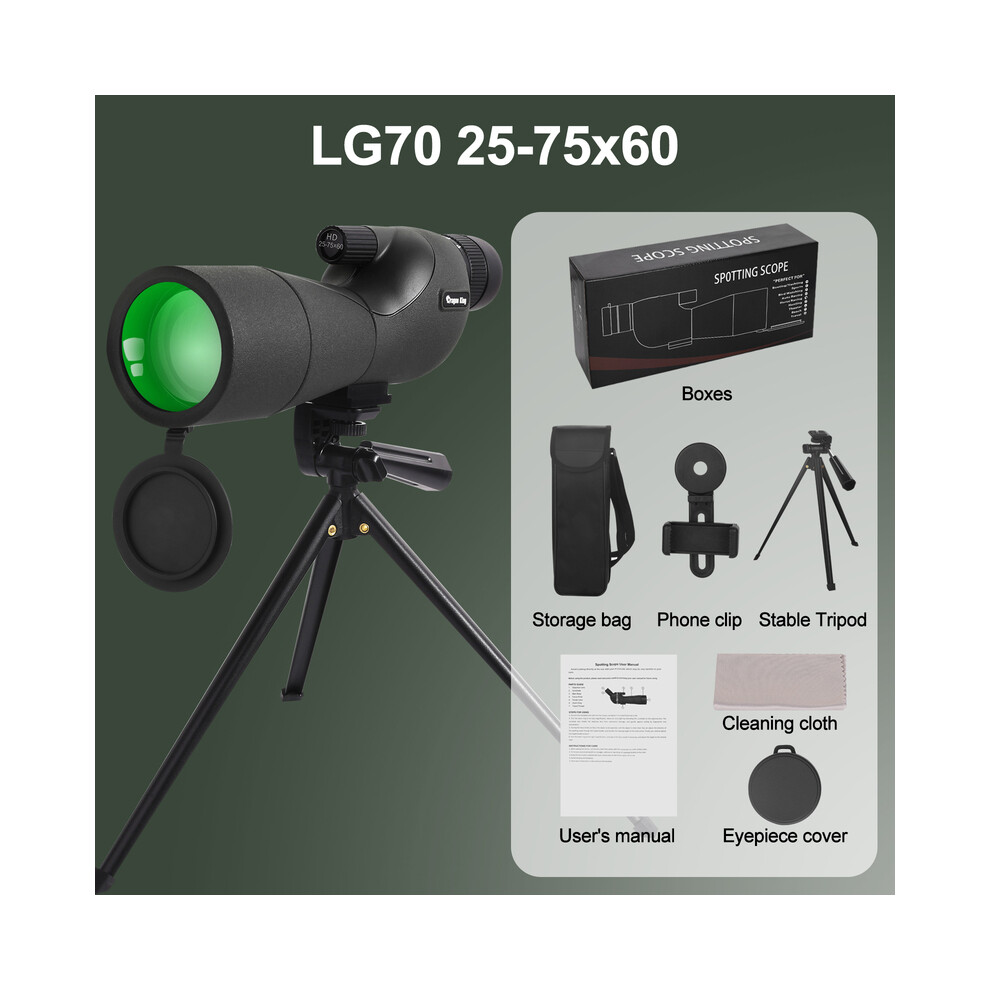 ( Set) 25-75X60 Telescope Spotting Scope Powerful Zoom Monocular Fmc Bak4 Waterproof For Bird Watching Target Shotting With Tripod Black 9438795360183