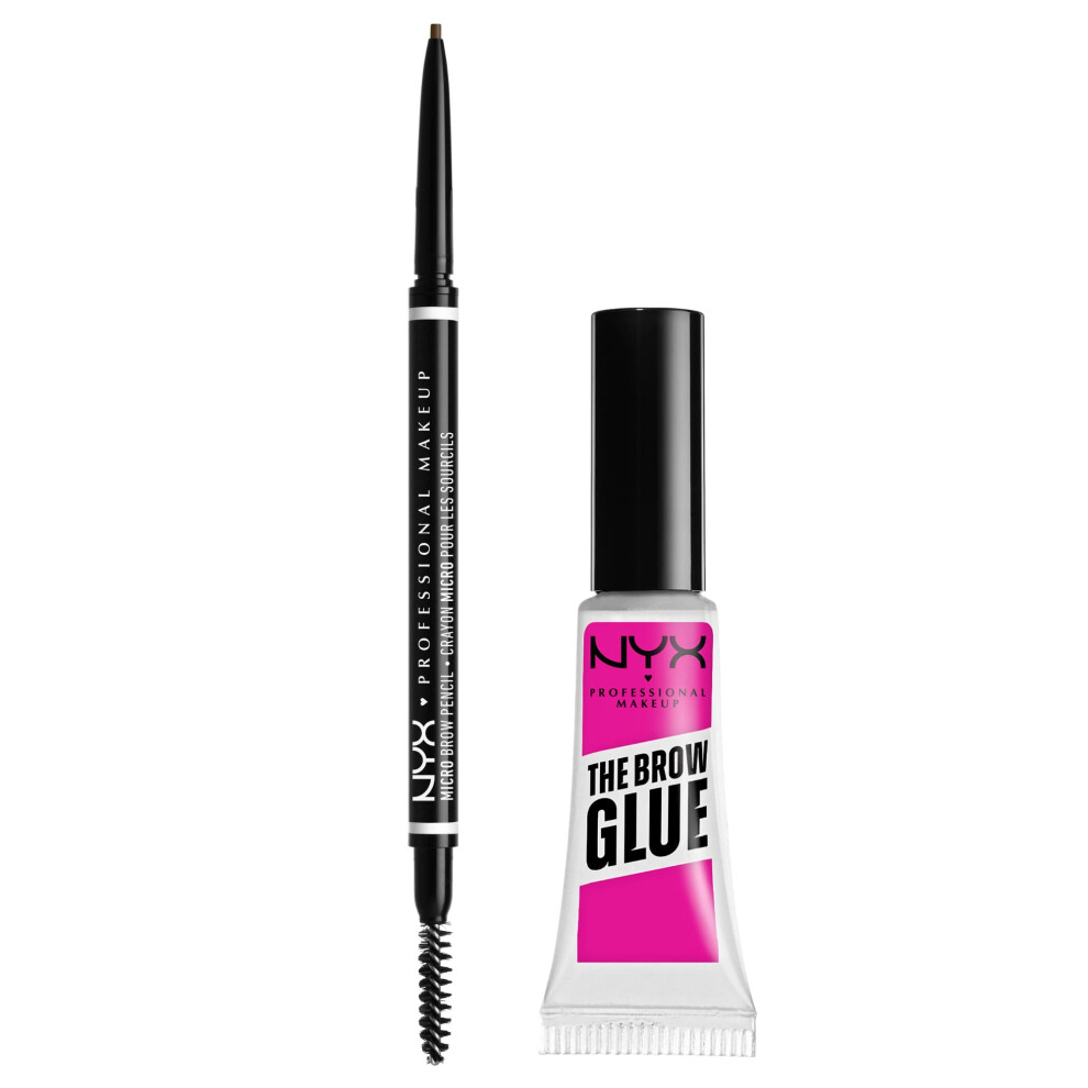 NYX PROFESSIONAL MAKEUP Micro Brow Pencil (Ash Brown) + Brow Glue (Clear)  2-Pack Bundle